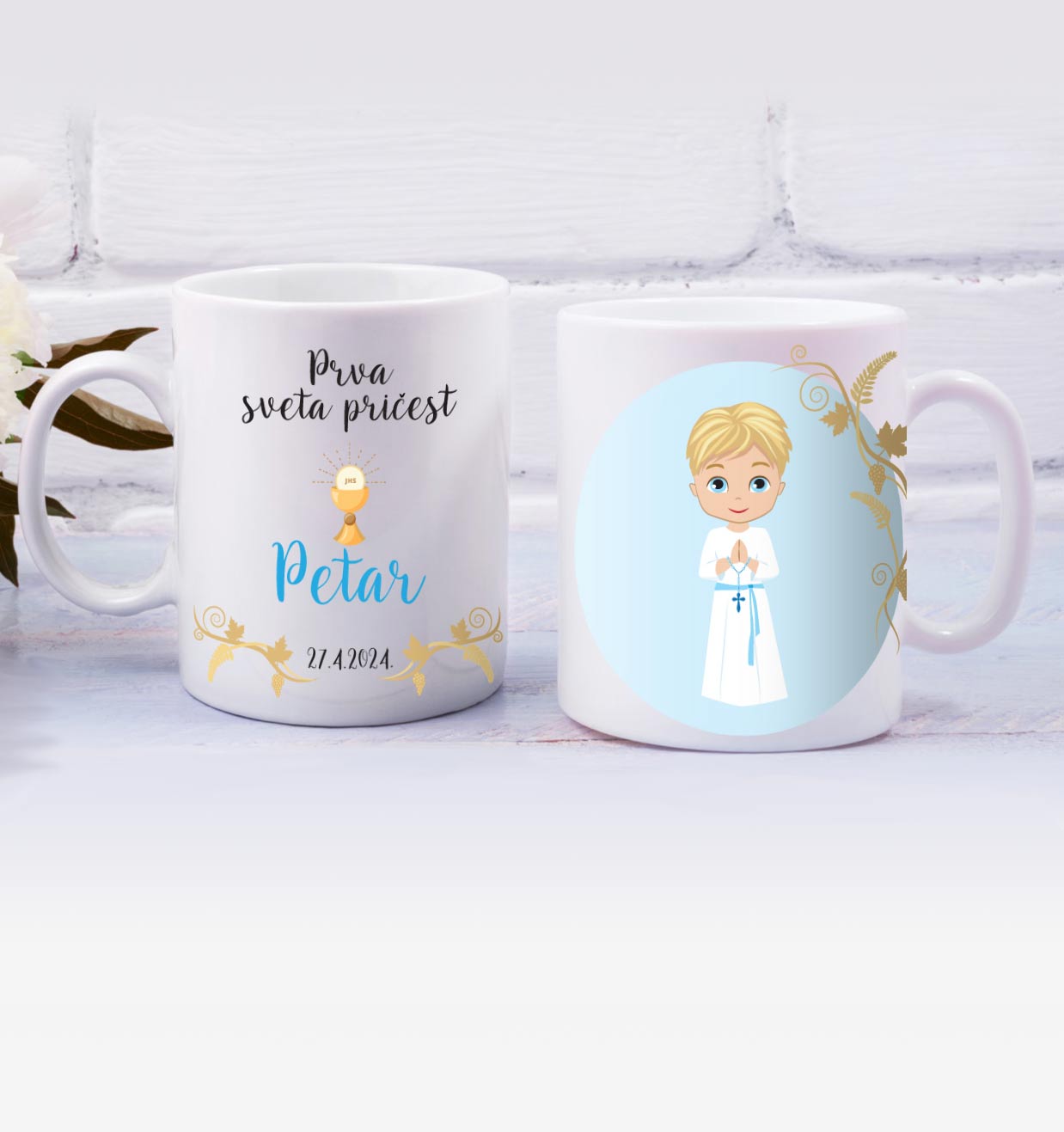 Prva pričest - Personalizirana šalica za dječaka plave kose i plavih očiju - 019