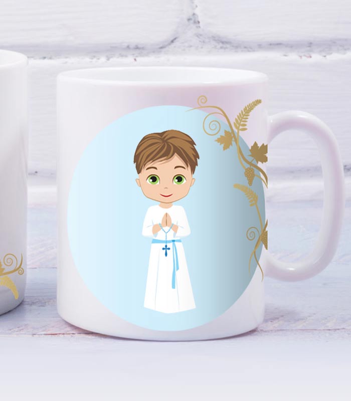Prva pričest - Personalizirana šalica za dječaka smeđe kose i zelenih očiju - 024